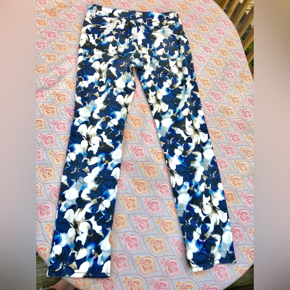 White & Blue Floral Slim Ankle Rhinestone Denim Jeans - Picture 6 of 13